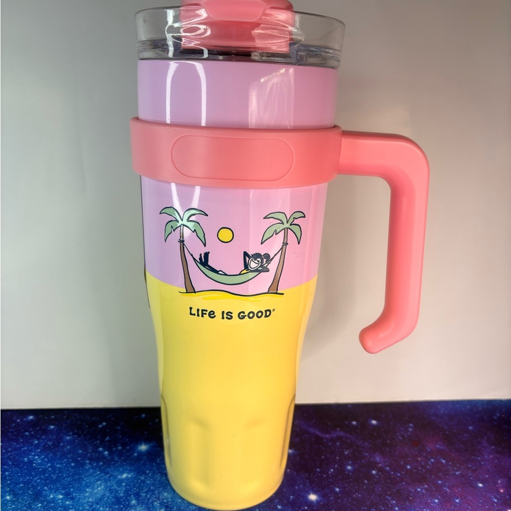 Life Is Good Pink and Yellow Travel Mug